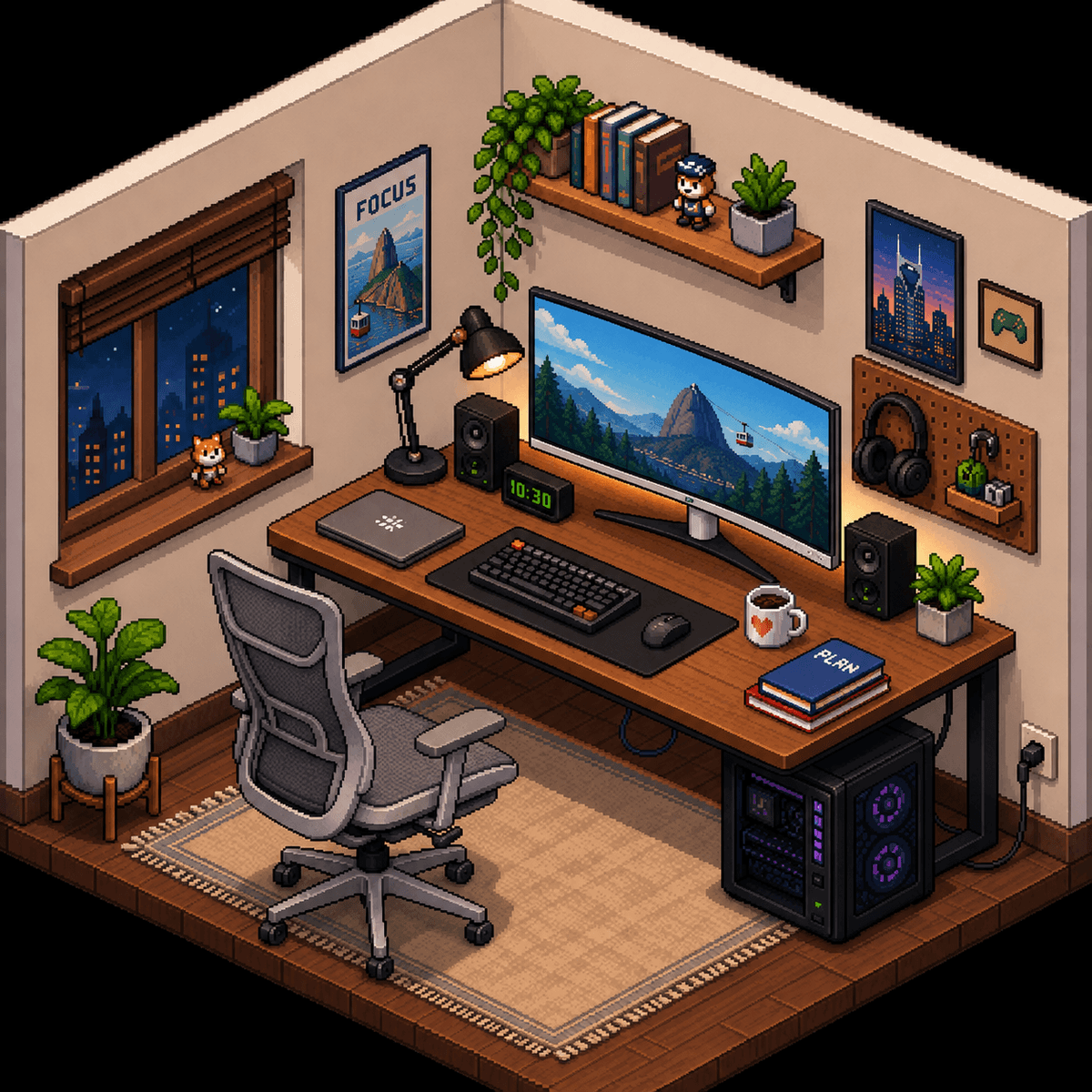 Home office with 48-inch curved monitor, plants, articulated lamp, and speakers on wooden standing desk